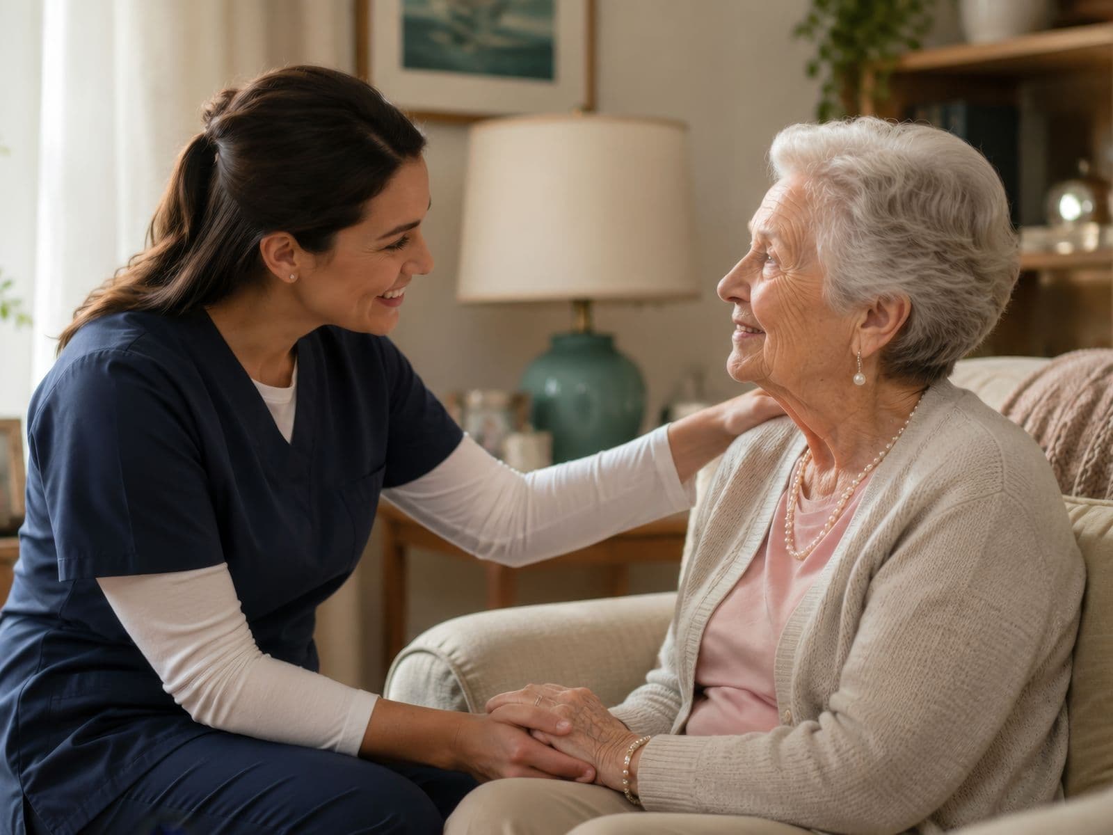 A care professional holding the hands of an older woman in her living room